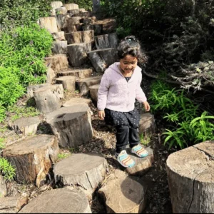 A young girl walking down a tree stump staircase